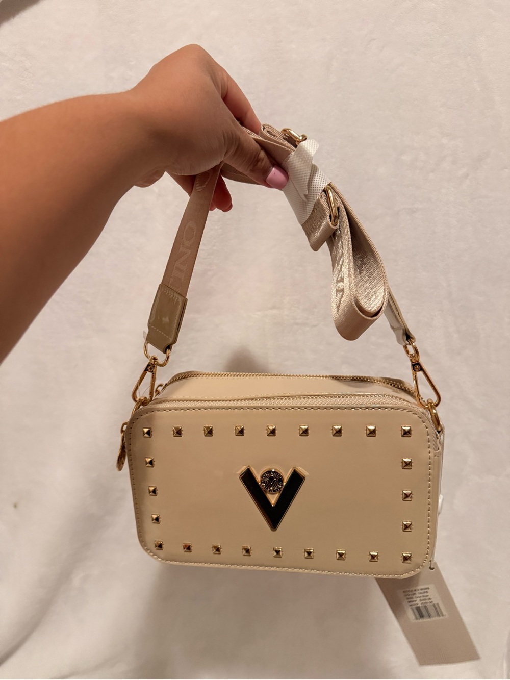 New VALENTINO ORLANDI Studded Double Zip Crossbody Camera Bag Taupe